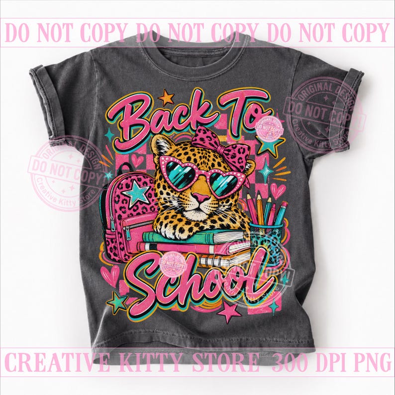 Tillbaka till skolan Leopardflicka PNG, Coquette School Leopard, Söt rosa ryggsäck, Preppy första dagen bild 3