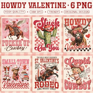 Può includere: Una collezione di sei stampe d'arte digitale a tema San Valentino. I disegni presentano temi cowboy e cowgirl con frasi come "Howdy Valentine" e "Pucker Up Cowboy". La tavolozza dei colori include tonalità rosse, rosa e marroni, con cuori decorativi ed elementi western.