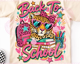 Regreso a clases con niña leopardo PNG, Leopardo escolar coqueto, Mochila rosa linda, Primer día preppy