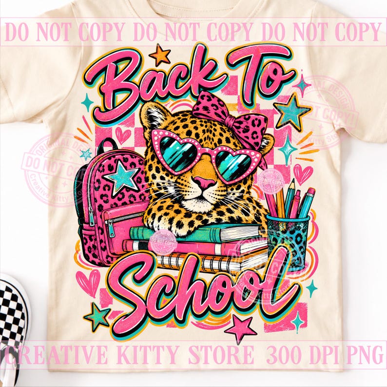 Tillbaka till skolan Leopardflicka PNG, Coquette School Leopard, Söt rosa ryggsäck, Preppy första dagen bild 1
