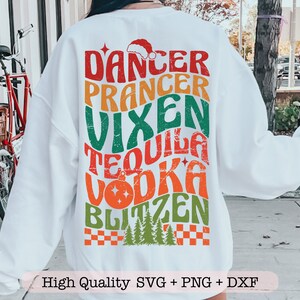 Ballerino Prancer Vixen Tequila Vodka Blitzen SVG, Groovy Christmas SVG, Camicia natalizia per adulti png