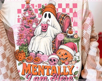 Mentalmente estoy aquí PNG, árbol de Navidad fantasma rosa, sublimación navideña espeluznante