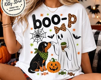 Boo-P Ghost Dog PNG, Funny Halloween Boop Dachshund Leopard Bow