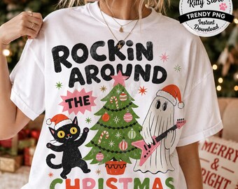 Rockin Around The Christmas Tree PNG, Retro Ghost Cat Holiday PNG