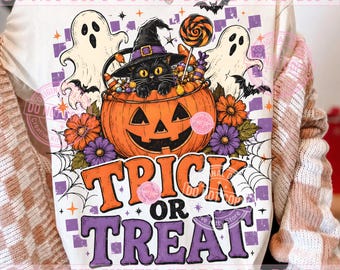 Truco o trato PNG, Calabaza fantasma de Halloween PNG, Sublimación de gato espeluznante retro de Halloween