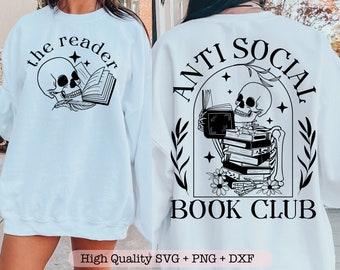 Svg club de lecture anti-social, lecture chemise svg, svg amateur de livres, svg squelette floral, svg poche avant et dos