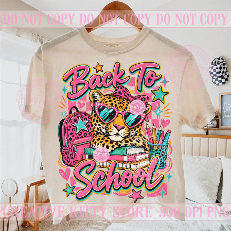 Tillbaka till skolan Leopardflicka PNG, Coquette School Leopard, Söt rosa ryggsäck, Preppy första dagen bild 2