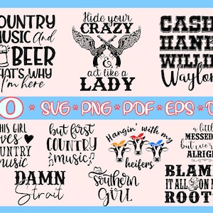Bundle svg fille du Sud, bottes de cow-boy svg, svg fille de la campagne, svg chemise country, routes de campagne svg, svg Crazy Lady, Cash Hank Willie Waylon svg