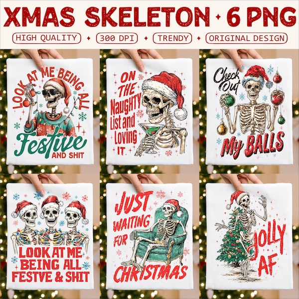 Snarky Weihnachtsskelett PNG Bündel, lustiger sarkastischer Weihnachtsschädel png, Retro Weihnachtsmann-Erwachsener Humor Sublimation, trendiger Feiertag Weihnachten png