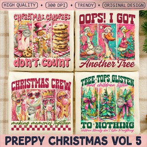 May include: Four cream-colored t-shirts with Christmas-themed graphics. Designs include text and illustrations of cookies, gingerbread men, ducks, and Christmas trees. The phrase "Preppy Christmas Vol 5" is at the bottom.