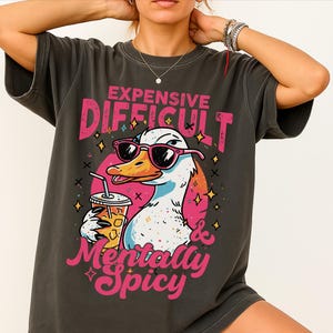 Pu&ograve; includere: T-shirt grigio scuro con un'anatra dei cartoni animati con occhiali da sole e una bevanda. La maglietta ha il testo "EXPENSIVE DIFFICULT & Mentally Spicy" in rosa e bianco. L'anatra &egrave; bianca, arancione e blu.