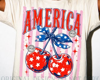 America Cherries PNG, Preppy Patriotic Coquette Bow Sublimation Design (Digital Download)