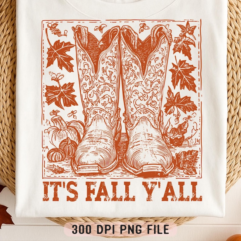 May include: Cream-coloured t-shirt with a rust-coloured graphic of cowboy boots, pumpkins, and autumn leaves. The text "IT'S FALL Y'ALL" is printed below the boots. The design is framed by a dotted border.