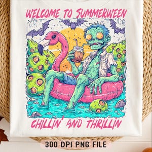 Willkommen bei Summerween PNG, lustige Zombie Pool Float Flamingo Sublimation, trendige lustige gruselige niedliche gruselige Sommer-Halloween-Shirt Vibes png