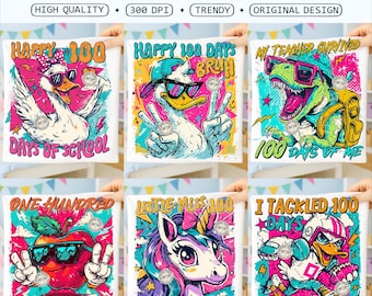Funny Preppy 100 Days of School PNG Bundle, Retro Trendy Kids School Cartoon Goose Dino Sublimation