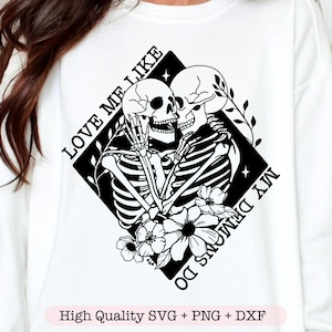 Ámame como mis demonios hacen svg, Halloween de moda svg, Retro Halloween svg, Esqueleto floral svg, Halloween Vibes svg