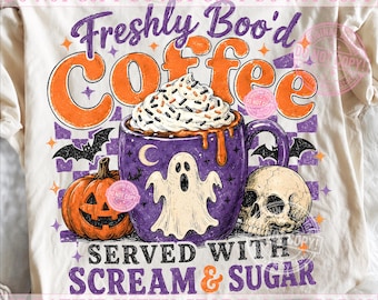 Café recién preparado con temática de Halloween PNG, amante del café de Halloween, sublimación de calavera de calabaza espeluznante