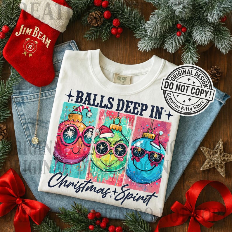 May include: White t-shirt with a colorful graphic of three Christmas ornaments wearing sunglasses and Santa hats. The text reads "BALLS DEEP IN Christmas Spirit". The shirt is displayed on a pair of blue jeans.