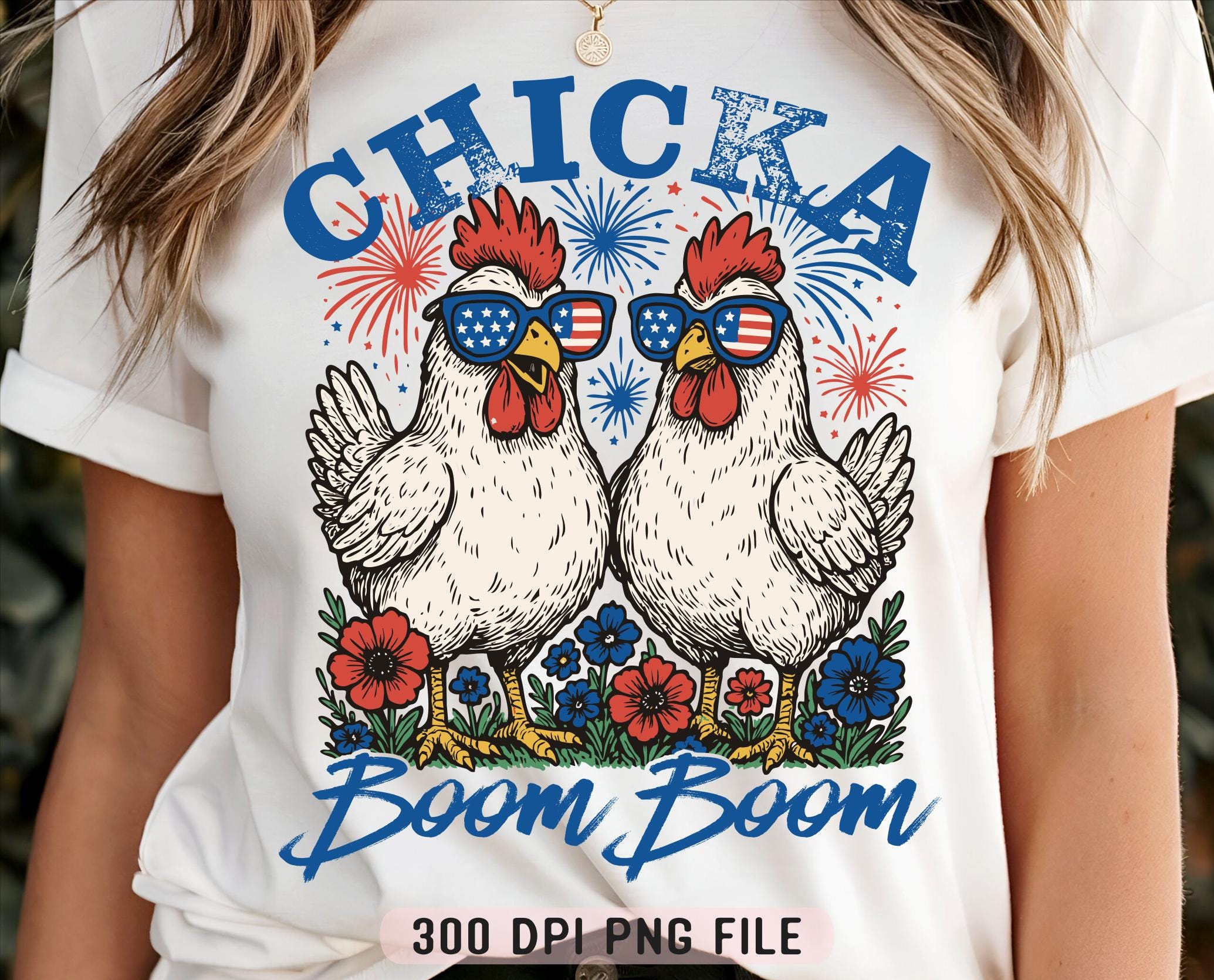 Chicka Boom Boom PNG, Funny Patriotic Chicken png, 4th of July Humor Retro Farm Vibes Red White and Blue png, Rooster Fireworks USA Shirt- HHT014