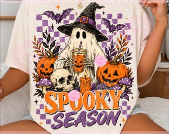 PNG de temporada espeluznante, fantasma con café helado, PNG de fantasma bruja, calavera de calabaza de Halloween