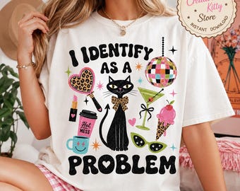 I Identify As A Problem PNG, Sassy Black Cat Retro Leopard PNG