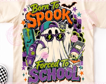 Nacido para asustar, obligado a ir a la escuela PNG, fantasma divertido de Halloween, niño espeluznante de regreso a la escuela, Schoolween