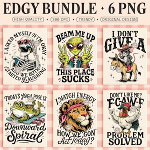 Peut inclure: Un ensemble de six designs PNG avec des illustrations originales. Les designs incluent un squelette, un extraterrestre, une souris sur un âne, une grenouille, un lion et un coq. Chaque design a une phrase unique, comme "Beam Me Up" et "Problem Solved."