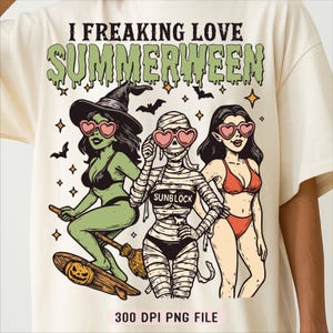Je panique l'amour Summerween PNG, Filles de plage fantasmagoriques à la mode png, Chemise drôle d'Halloween, Humour rétro de bikini de vampire de maman de sorcières d'été png