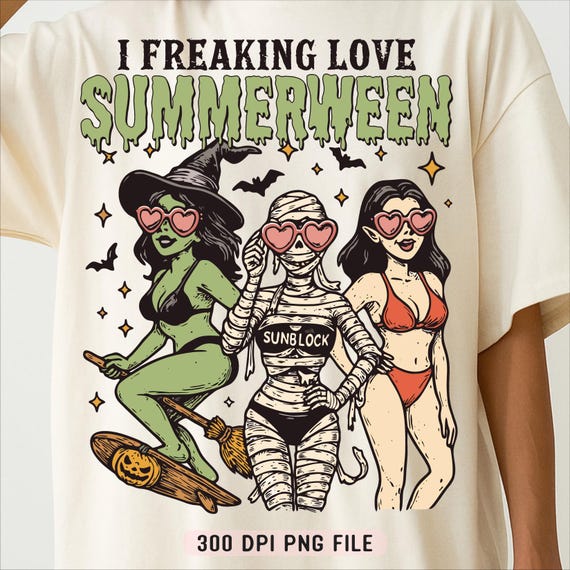 I Freaking Love Summerween PNG, Trendy Spooky Beach Girls png, Funny Halloween Shirt, Summer Witches Mummy Vampire Bikini Retro Humor png