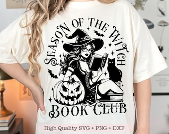 魔女の季節の読書クラブ svg、不気味な読者 svg、ハロウィーンの本好き svg、読書好き svg、魔女の読者 svg