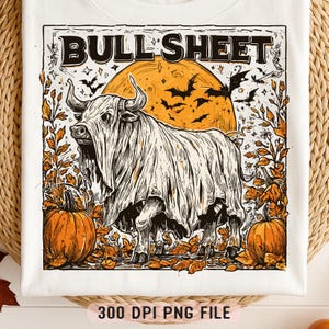 Stierendeken png, grappige Halloween-koe png, spookachtige koe herfstbladeren pompoenen png, sarcastische humor herfstsublimatie spookkostuumshirt png