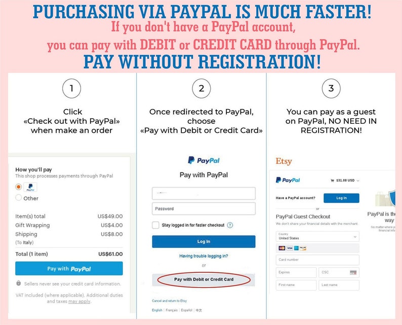 Puede incluir: Una captura de pantalla de un sitio web que muestra c&oacute;mo pagar con PayPal. El sitio web muestra tres pasos: 1. Haz clic en "Pagar con PayPal" al realizar un pedido. 2. Una vez redirigido a PayPal, elige "Pagar con d&eacute;bito o tarjeta de cr&eacute;dito". 3. Puedes pagar como invitado en PayPal, no es necesario registrarse. El sitio web tambi&eacute;n muestra un desglose del costo total del pedido.