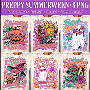 May include: A collection of white t-shirts with colorful, whimsical graphics. Designs include a pumpkin with sunglasses, a skeleton relaxing, a ghost with sunglasses, and text that reads "Summerween" and "Haunt Girl".