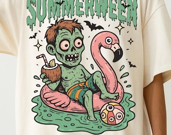 Trendy Summerween PNG, Funny Zombie Pool Float Sublimation, Halloween in Summer Spooky Beach Flamingo png, Retro Creepy Cute Shirt png