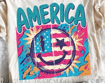 America Smiley Face PNG, Retro Patriotic USA Design (Digital Download)
