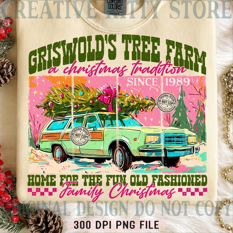 May include: Cream-colored sweatshirt with a graphic featuring a green station wagon carrying a Christmas tree. Text includes "Griswold's Tree Farm" and "Family Christmas" in green and pink. The design is a vintage-style illustration.