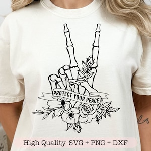 Protégez votre paix svg, svg de citations positives, svg inspirant, signe de paix main squelette svg, svg de santé mentale