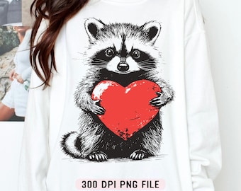 Vintage Raccoon Heart PNG, Feral Girl Valentines png, Retro Cute Animal Vday png, Trendy Retro Raccoon png, Valentines Sublimation Design