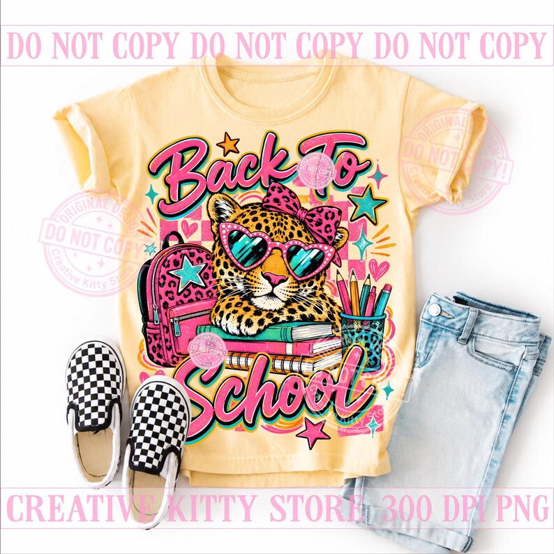 Tillbaka till skolan Leopardflicka PNG, Coquette School Leopard, Söt rosa ryggsäck, Preppy första dagen bild 4