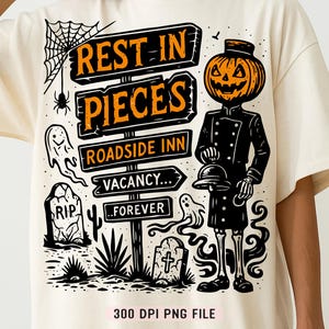 Rest in Pieces Roadside Inn PNG, Esqueleto de abóbora de Halloween assombrado png, Sublimação de camisa da moda assombrada, Placa de motel retrô assustador png