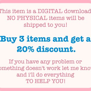 Puede incluir: Anuncio de descarga digital rosa y blanco con texto azul. El texto dice "Este art&iacute;culo es una descarga DIGITAL. No se enviar&aacute;n art&iacute;culos F&Iacute;SICOS. &iexcl;Compra 3 art&iacute;culos y obt&eacute;n un 20% de descuento! Si tienes alg&uacute;n problema o algo no funciona, h&aacute;zmelo saber y har&eacute; todo lo posible para AYUDARTE!"