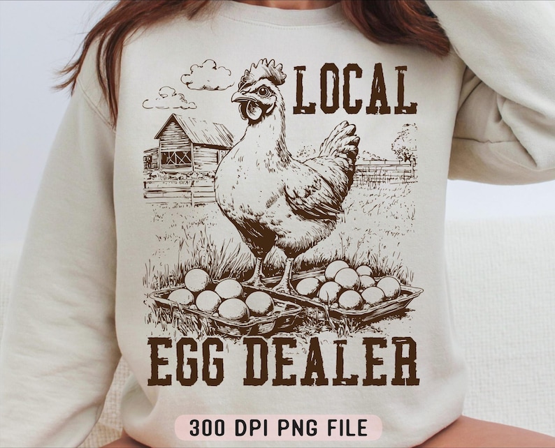Op de afbeelding: Een bruin en wit kippen met een mand vol eieren voor een boerderij. De tekst "LOCAL EGG DEALER" staat op de afbeelding. 300 DPI PNG FILE.