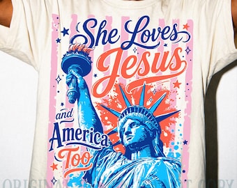 She Loves Jesus America PNG,  Preppy Patriotic Coquette Christian Statue Liberty (Digital Download)