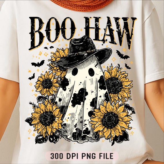 Boo Haw PNG, Cow Spot Ghost Western Halloween png, Sublimation Sunflowers Retro Fall png, Spooky Cowgirl Vibes Country Funny Shirt Design