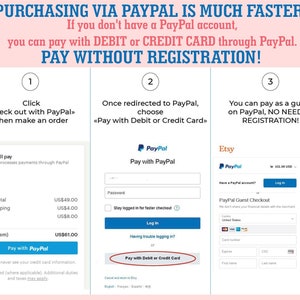 Op de afbeelding: Een screenshot van een website die laat zien hoe je met PayPal kunt betalen. De website toont drie stappen: 1. Klik op "Afrekenen met PayPal" wanneer je een bestelling plaatst. 2. Zodra je naar PayPal wordt doorgestuurd, kies je "Betalen met een betaalpas of creditcard". 3. Je kunt als gast via PayPal betalen, registratie is niet nodig. De website toont ook een uitsplitsing van de totale kosten van de bestelling.