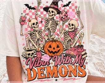Vibin With My Demons PNG, Dancing Skeletons, Pink Checkerboard Halloween, Witchy Pumpkin Sublimation