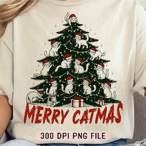 Frohe Catmas PNG, lustiger Weihnachtskratzbaum png, trendiger Katzenliebhaber Hoodie png, Vintage Retro Sublimationsdesign