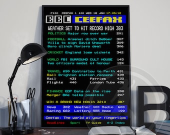 Gepersonaliseerde BBC Ceefax UK TV poster art decor print, gepersonaliseerd cadeau voor hem, Britse televisie