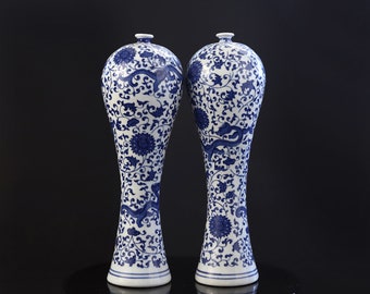 Chinese antiques, rare treasures, dragon patterns, tangled lotus branches, a pair of blue and white vases