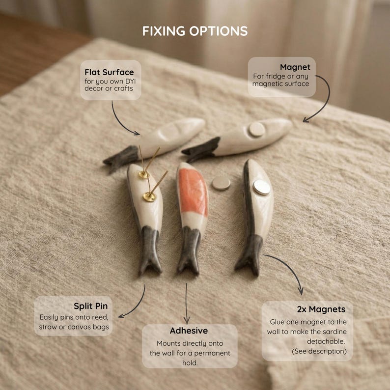 May include: An overhead shot shows sardine-shaped decorative items with various fixing options. The options include flat surface, magnet, split pin, adhesive, and 2x magnets. The sardines are white, gray, and orange, with black tail fins. The text "FIXING OPTIONS" is at the top.